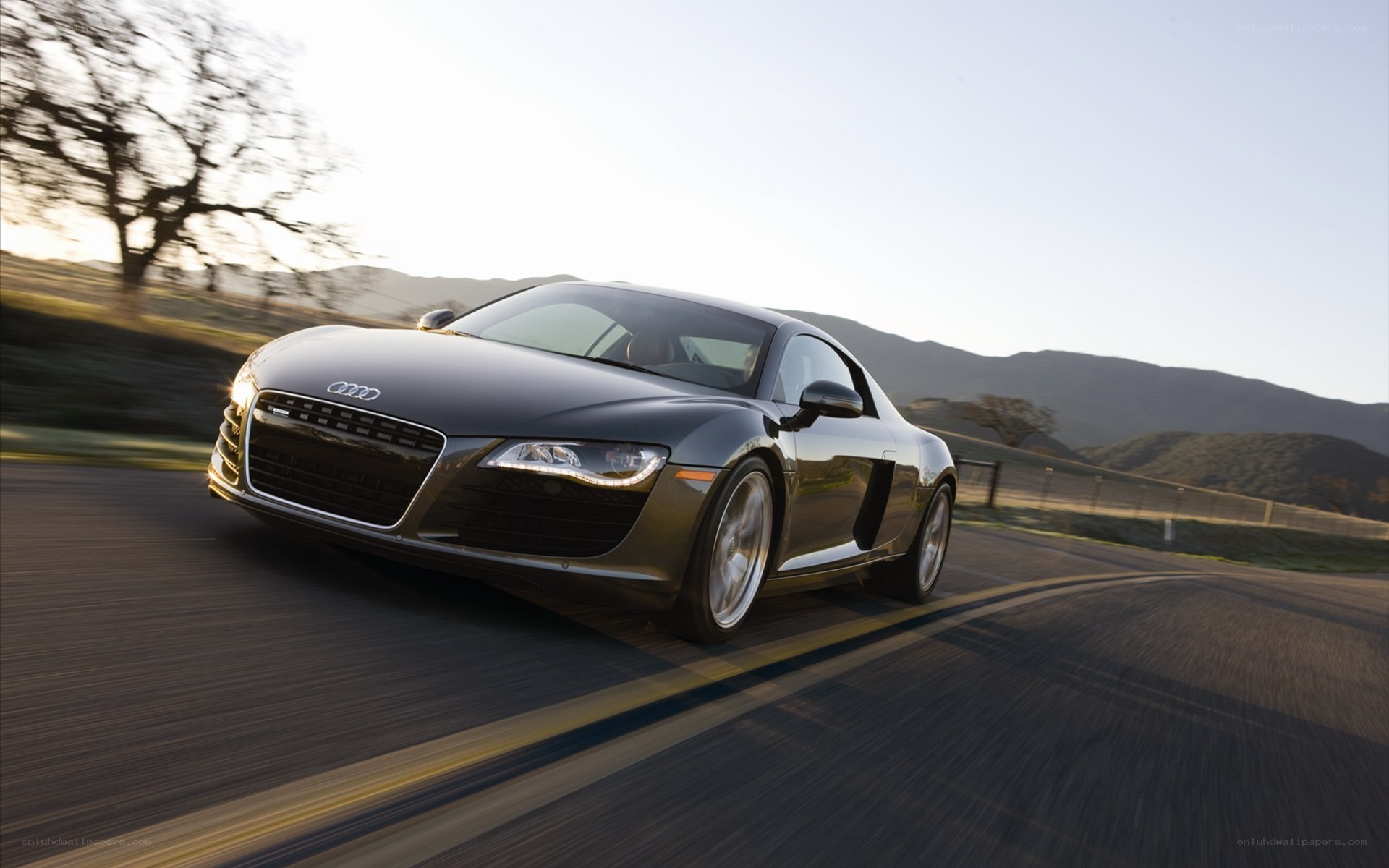 Audi R8 speeding on a road