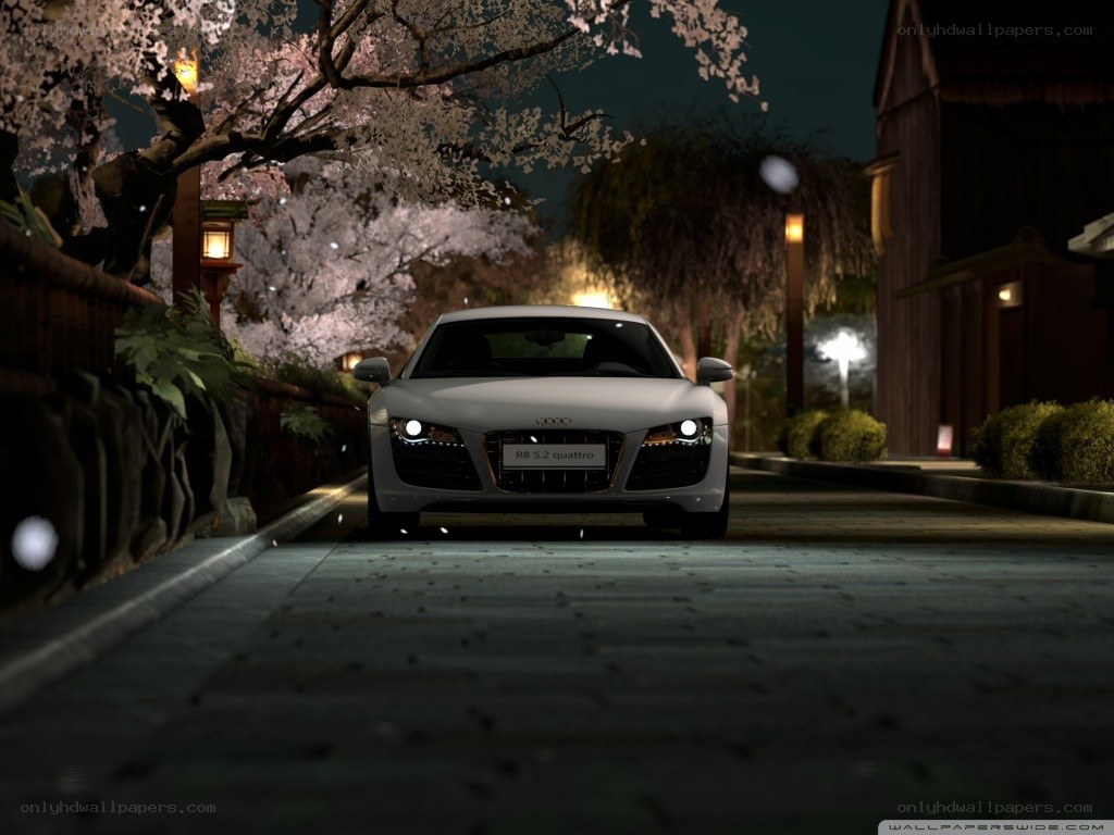 Audi R8 under cherry blossoms