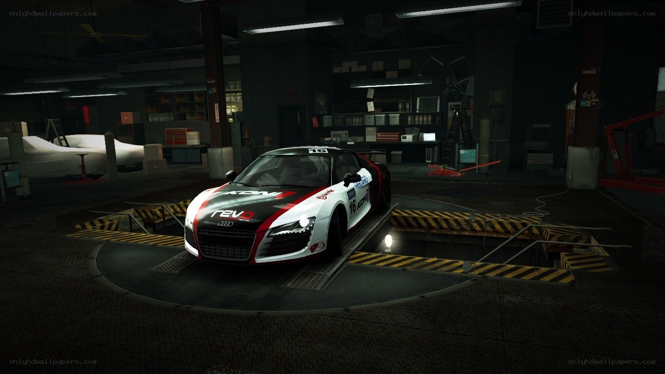 Audi race car in a garage