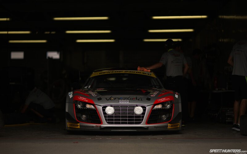 Audi race car in garage