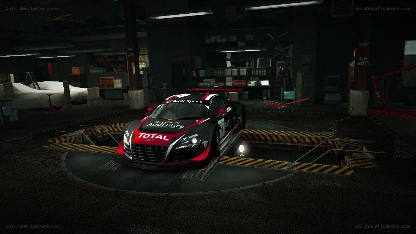 Audi race car in garage