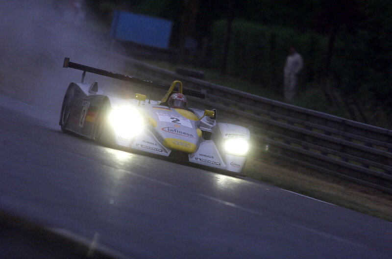 Audi race car on a wet track