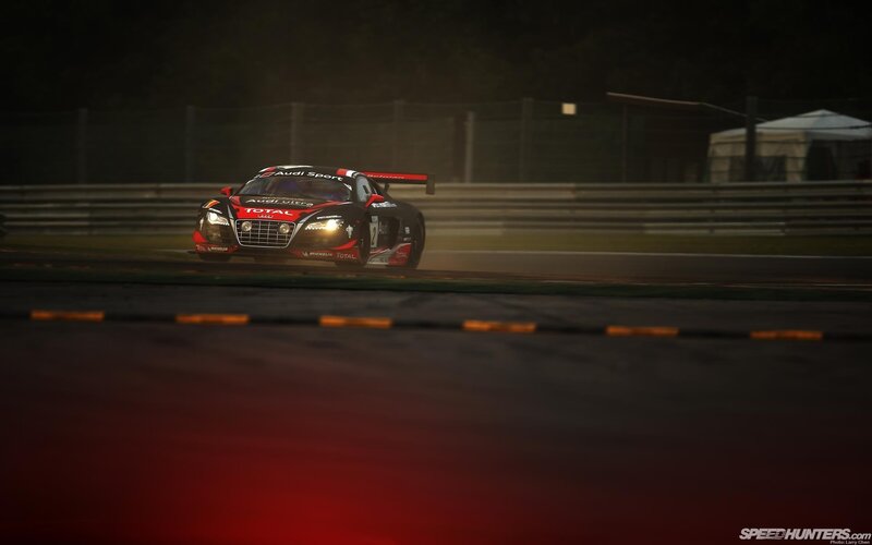 Audi Race Car on Track — Black, Dramatic, Night, Photograph