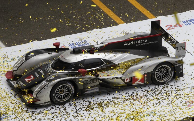 Audi Race Car on Track — Silver, Celebratory
