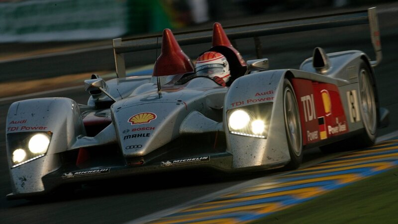 Audi Race Car on Track — Silver, Dynamic, Night