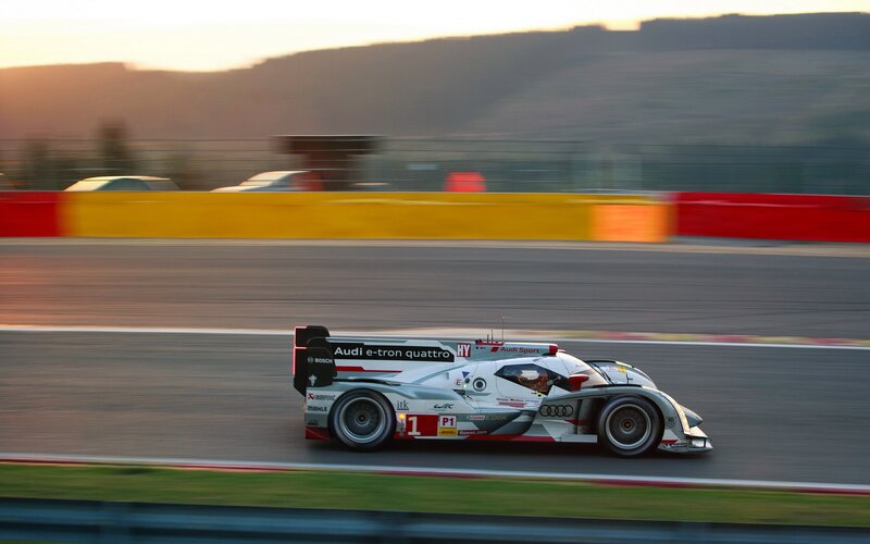 Audi Race Car on Track — White, Dynamic, Sunset