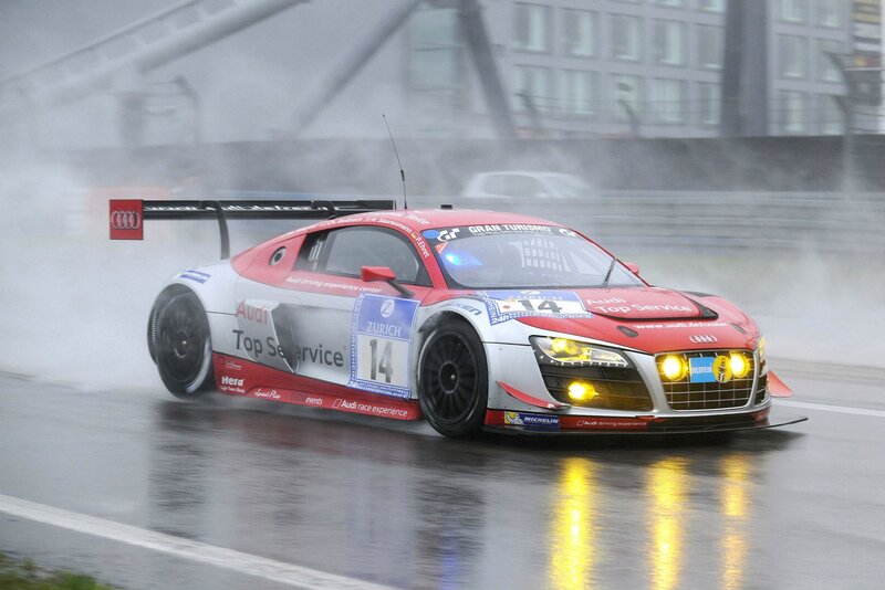 Audi race car on wet track