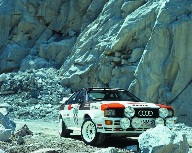 Audi rally car in mountain terrain