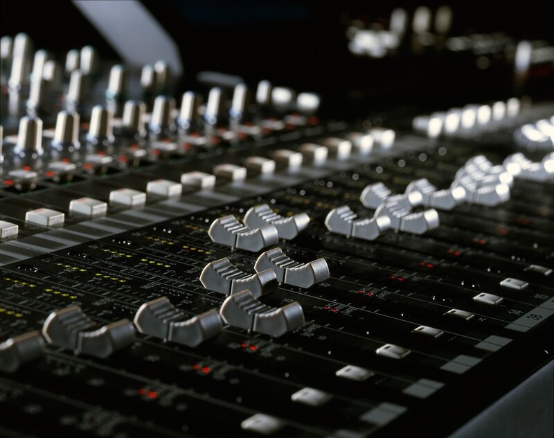 Audio Mixing Console — Black, Technical, Photograph, Faders, Knobs, Leds