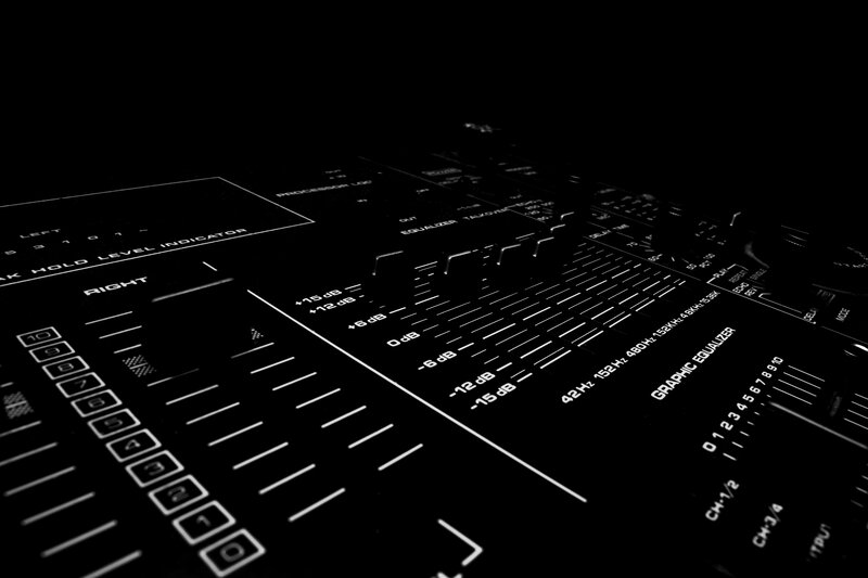 Audio Mixing Console — Black, Technical, Photograph, Faders, Knobs