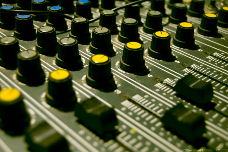 Audio Mixing Console — Black, Technical, Photograph, Knobs, Faders, Cables