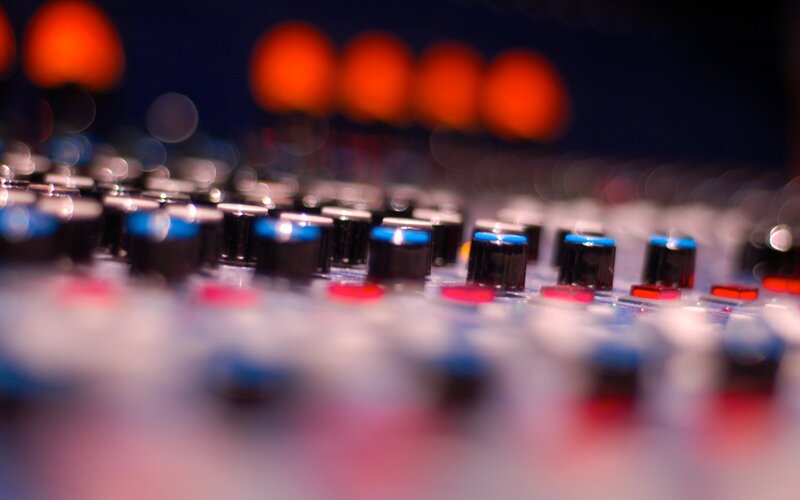 Audio Mixing Console — Black, Technical, Photograph, Knobs, Faders, Lights
