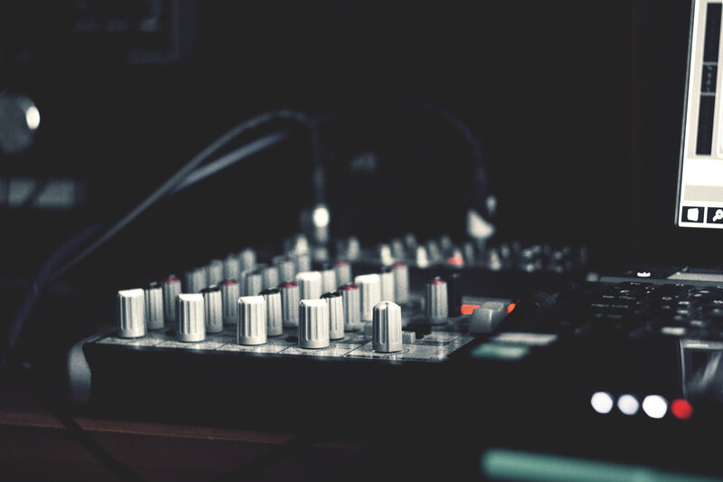 Audio mixing console in studio