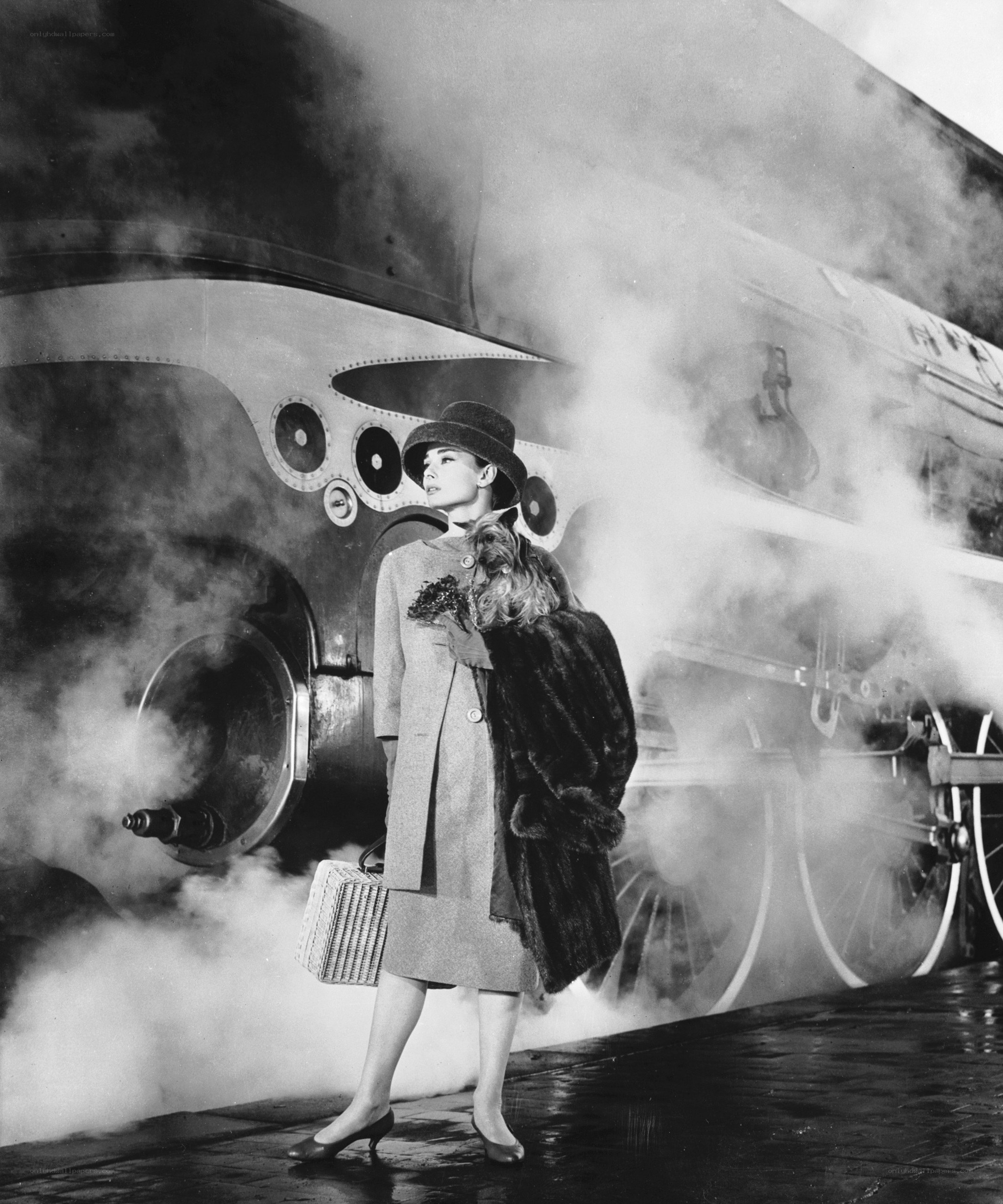 Audrey Hepburn by a steam train