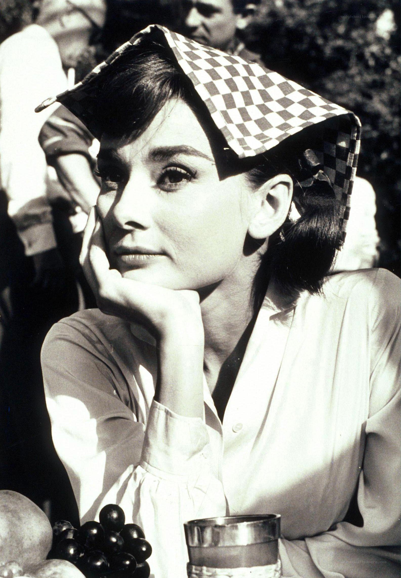 Audrey Hepburn in a checkered hat
