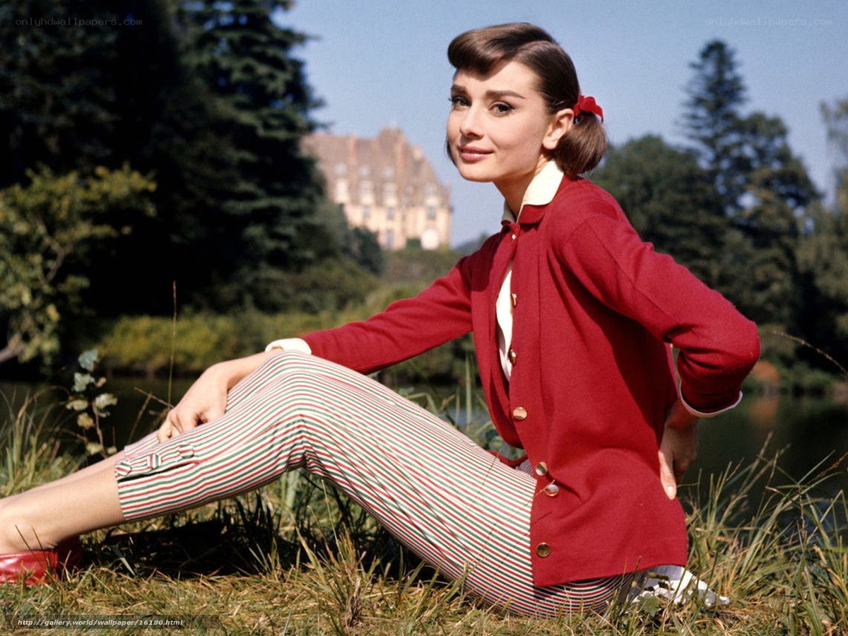 Audrey Hepburn in red cardigan