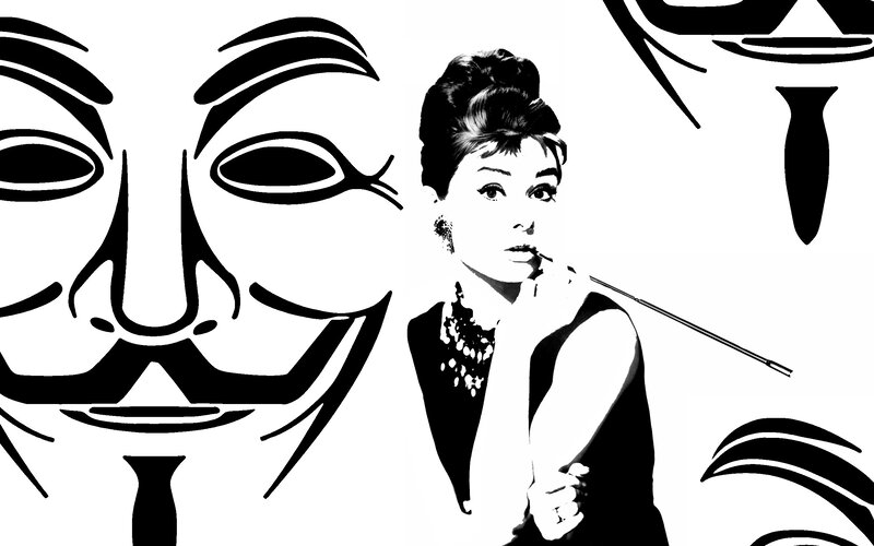 Audrey Hepburn with Guy Fawkes masks
