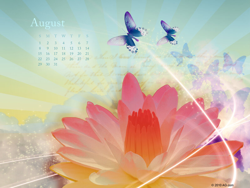 August calendar with lotus and butterflies