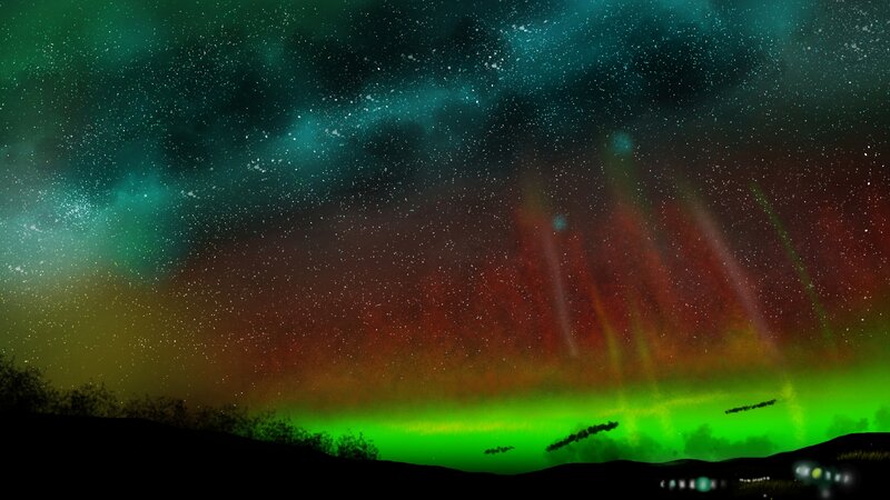 Aurora Borealis Display — Green, Dramatic, Night, Digital Art, Stars, Clouds