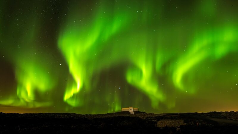 Aurora Borealis Display — Green, Dramatic, Night, Photograph, Building