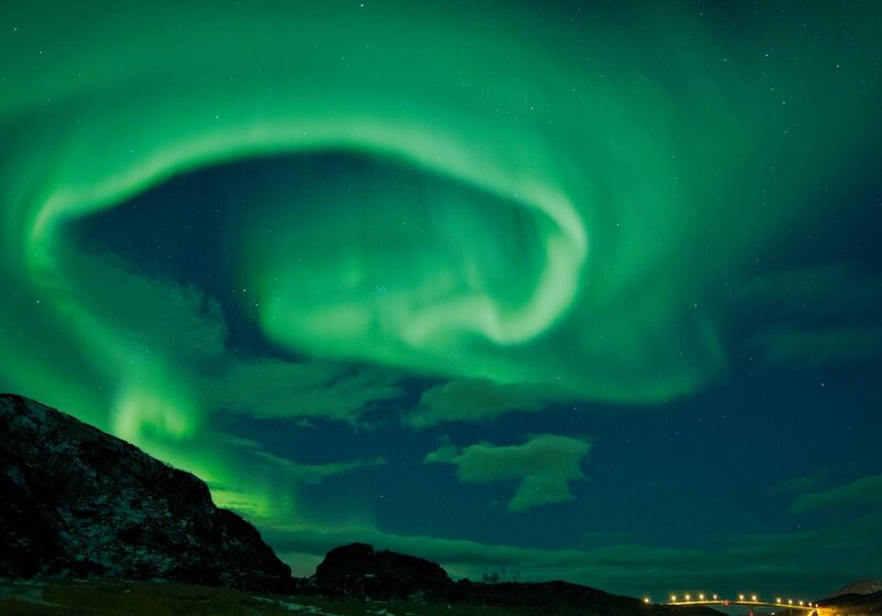 Aurora Borealis Display — Green, Dramatic, Night, Photograph, Mountain