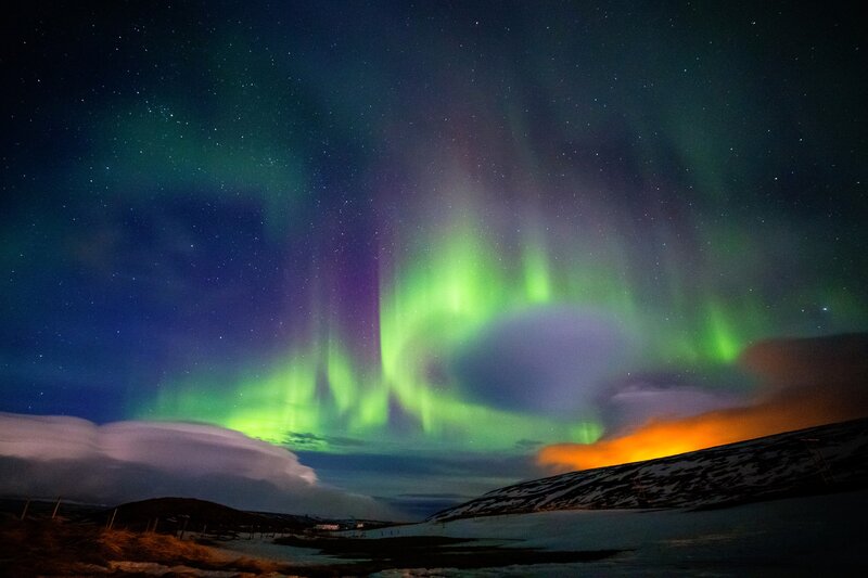 Aurora Borealis Display — Green, Dramatic, Night, Photograph, Night Sky, Clouds