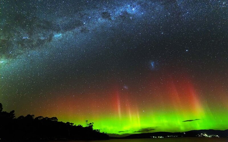 Aurora Borealis Display — Green, Dramatic, Night, Photograph, Stars, Sky, Trees