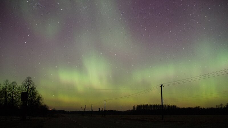 Aurora Borealis Display — Green, Serene, Night, Photograph, Stars, Power Lines