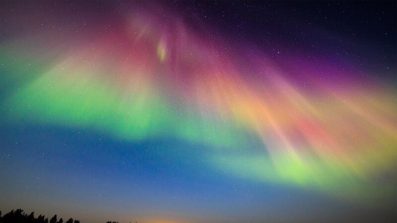 Aurora Borealis Display — Green, Serene, Night, Photograph, Stars, Sky, Trees