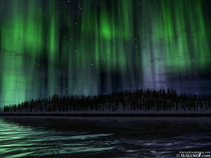 Aurora borealis over a forest lake