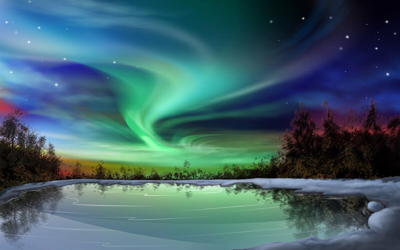 Aurora borealis over a frozen lake