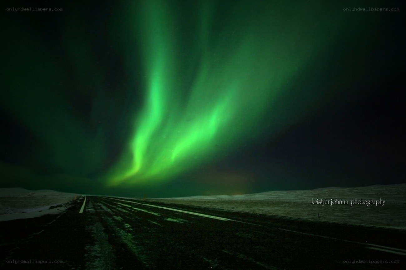 Aurora borealis over a road