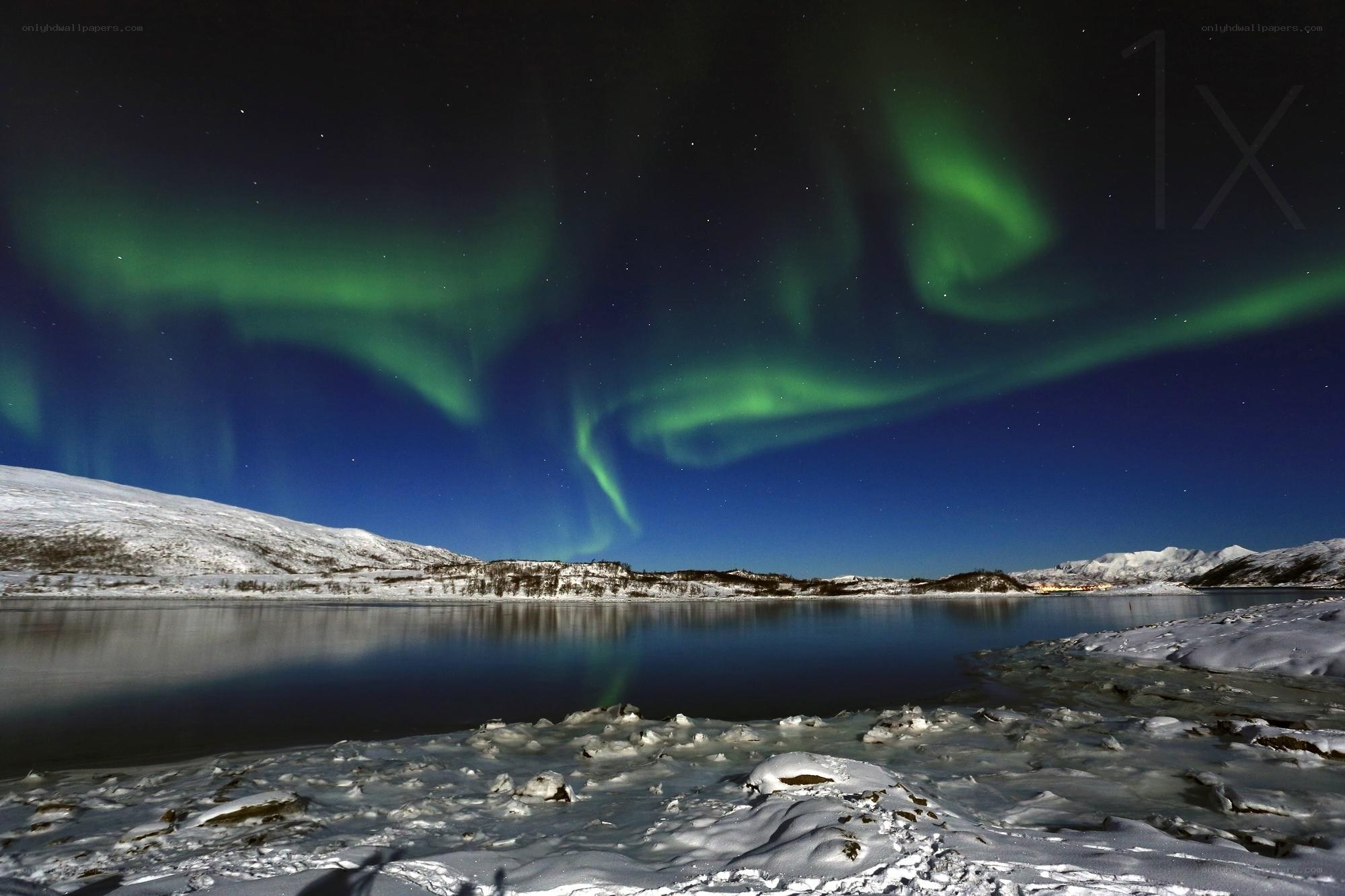 Aurora borealis over a snowy landscape