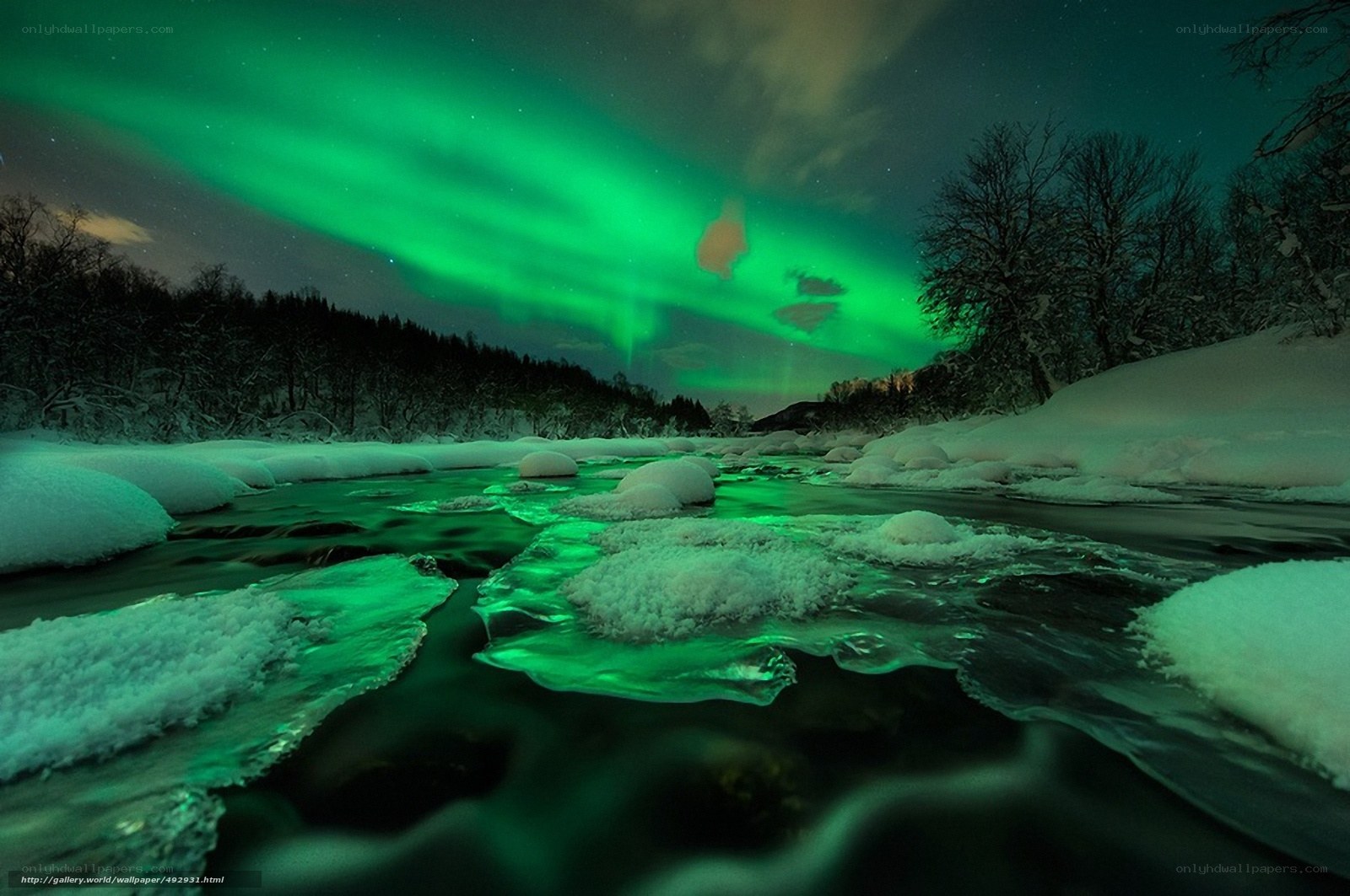 Aurora borealis over a snowy river