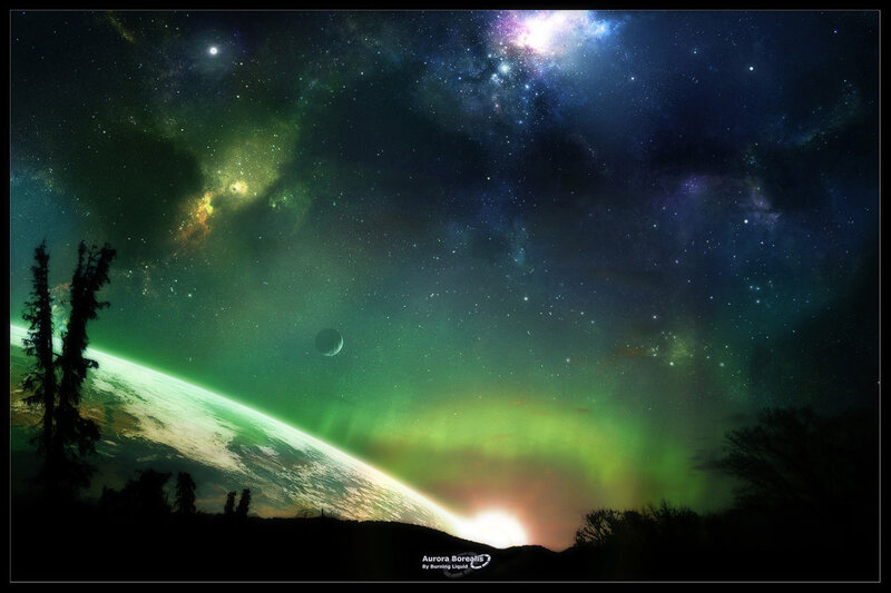 Aurora borealis over alien planet