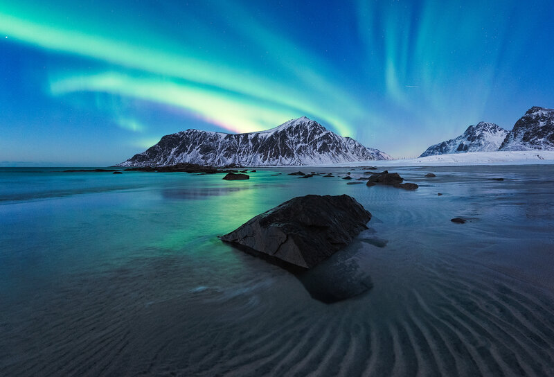 Aurora Borealis over Beach — Green, Serene, Night