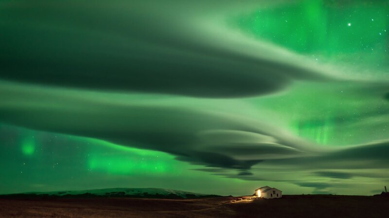 Aurora Borealis over Cabin — Green, Dramatic