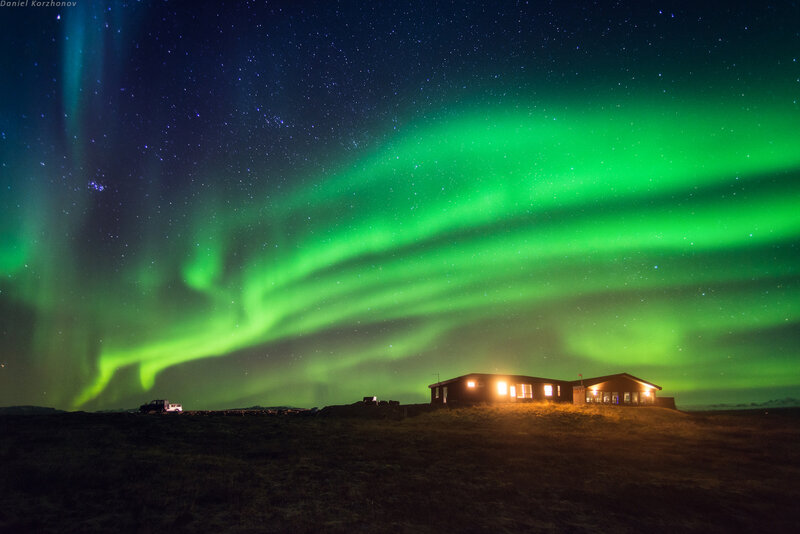 Aurora Borealis over Cabin — Green, Serene