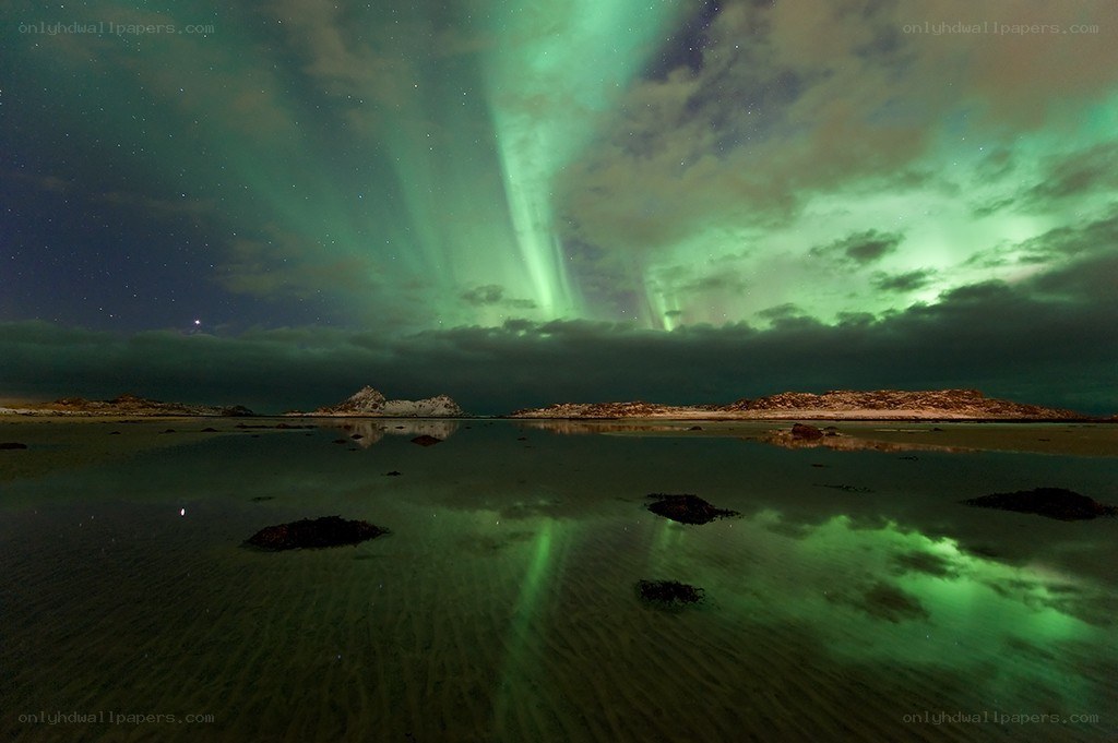 Aurora borealis over coastal rocks