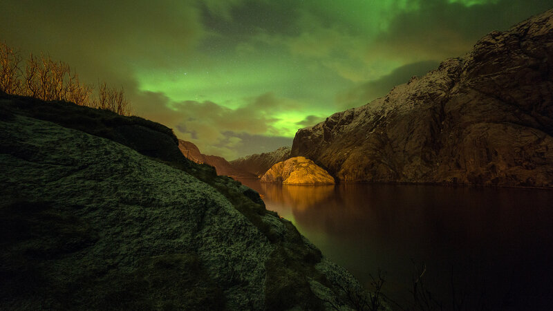 Aurora Borealis over Fjord — Green, Dramatic, Night, Photograph, Mountains