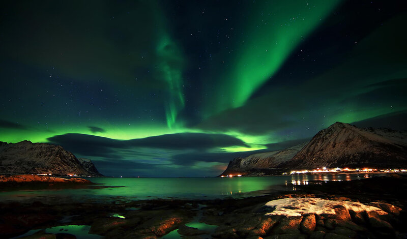 Aurora Borealis over Fjord — Green, Dramatic, Night, Photograph