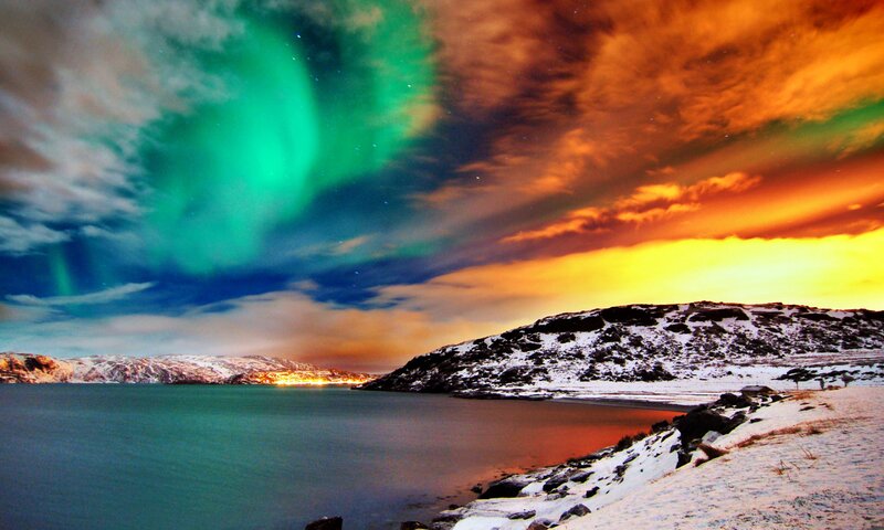Aurora Borealis over Fjord — Green, Dramatic