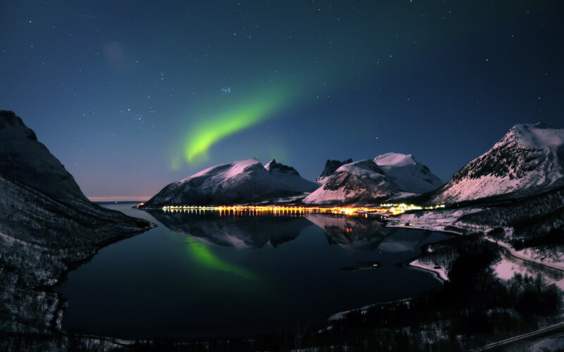 Aurora Borealis over Fjord — Green, Serene