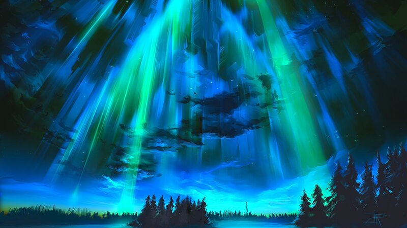 Aurora Borealis over Forest — Blue, Dramatic