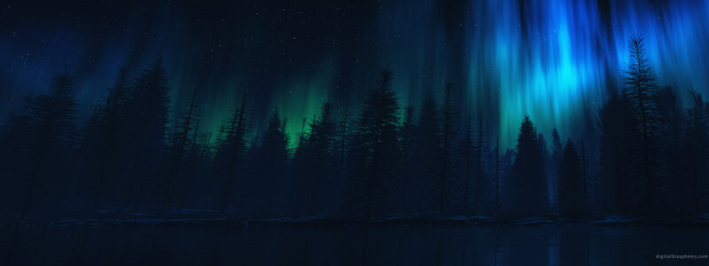 Aurora Borealis over Forest — Blue, Serene, Night, Digital Art, Sky, Lake, Green, Black