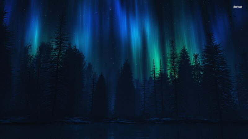 Aurora Borealis over Forest — Blue, Serene, Night, Digital Art, Sky, River
