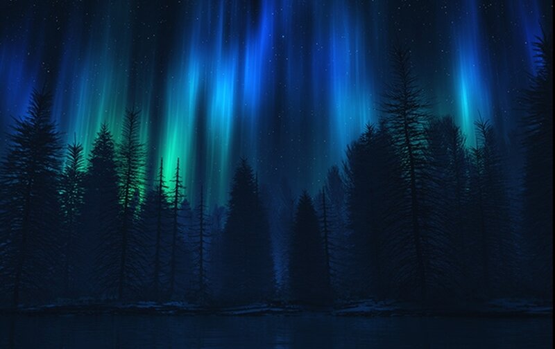 Aurora Borealis over Forest — Blue, Serene, Night, Digital Art, Sky, Stars, Green