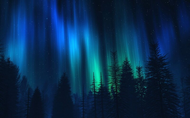 Aurora Borealis over Forest — Blue, Serene, Night, Digital Art