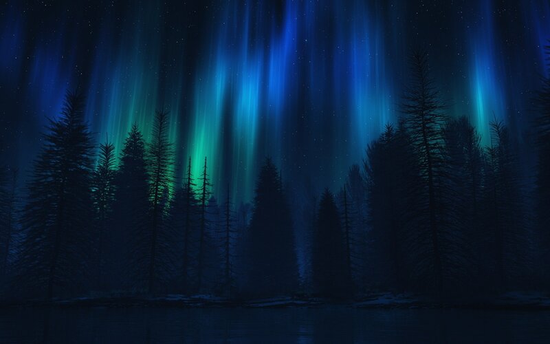 Aurora Borealis over Forest — Blue, Serene, Night, Digital Art, Trees, Sky