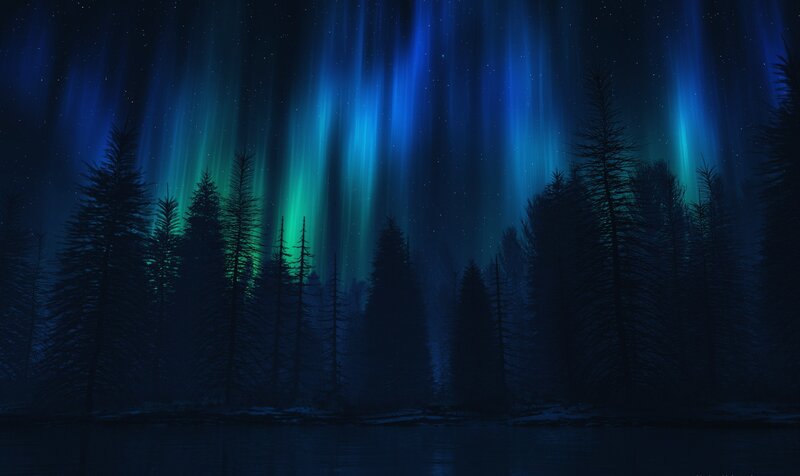 Aurora Borealis over Forest — Blue, Serene, Night, Digital Art, Trees, Sky, Water